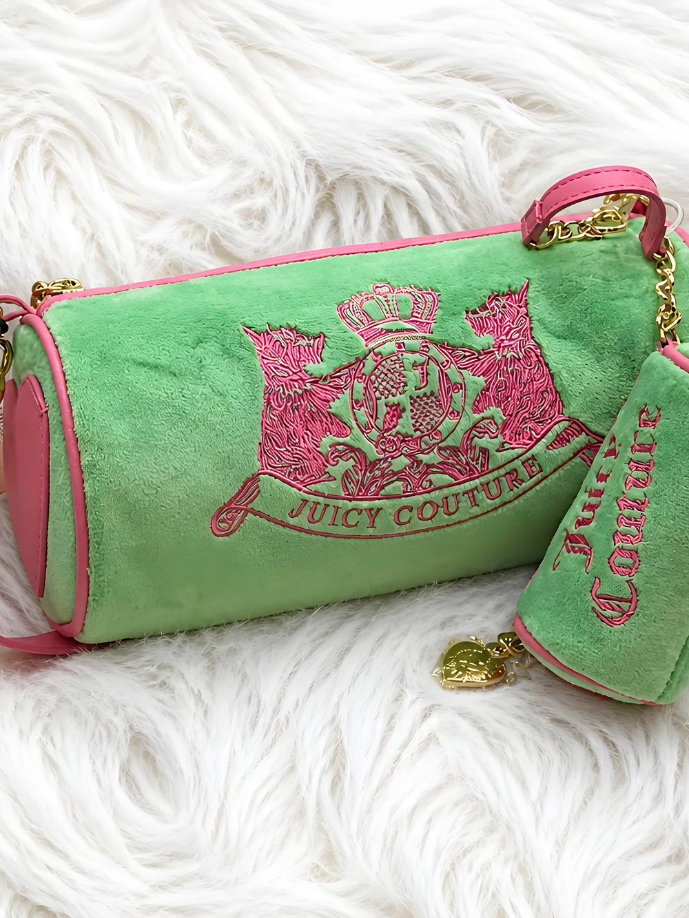 Juicy Couture Choose Scottie Dog Barrel Bag Set Retro Green Pink Velour Y2K Smal